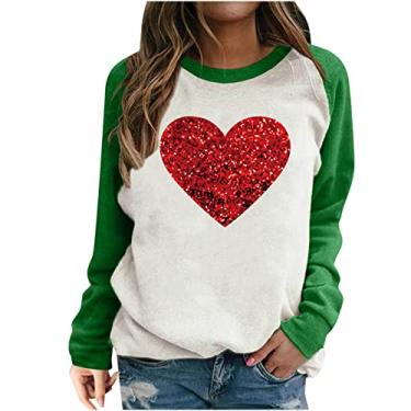 Imagem de SHOPESSA Camisas de Dia dos Namorados para Mulheres Love Heart Graphic T-Shirt Gola Redonda Jersey Roupas de Primavera para Mulheres 2024, Camisetas Green Love Valentines, XXG