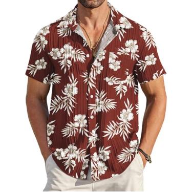 Imagem de COOFANDY Camisa masculina casual de botão manga curta texturizada linho verão praia camisa com bolso, Floral vermelho e branco, XXG