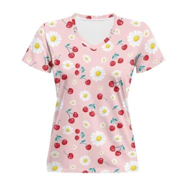 Imagem de Gzzxiailg Camisetas femininas casuais de verão, manga curta, gola V, camisas elegantes para trabalho, Margarida cereja, 3G