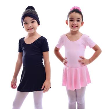 Imagem de Collant Infantil Juvenil Ballet Jazz Manga Curta com Saia Rosa Preto -