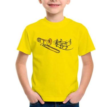 Imagem de Camiseta Infantil Trombone Notas Musicais - Foca na Moda, Amarelo, 12
