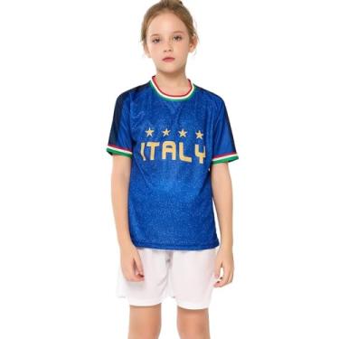 Imagem de Bolognifi Camisa de futebol infantil, camiseta da Copa Europeia/Américas, meninos e meninas, conjunto de shorts esportivos de futebol com meia manga(Italy,6-7A)