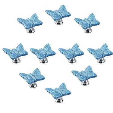 Imagem de Puxadores de porta de cerâmica de porcelana em formato de borboleta azul com furo único puxador de armário de cozinha - cor doce bebê crianças móveis móveis puxadores decorativos (azul)
