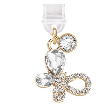 Imagem de ELISE & FONDA TP610 Tipo-C porta de carregamento antipoeira pequeno pingente de telefone borboleta de cristal para iPhone 15/16/Samsung/OnePlus/Xiaomi/oppo telefones Android (branco)