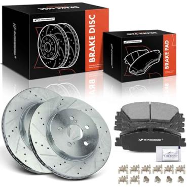 Imagem de A-Premium Rotores de freio a disco dianteiro perfurado e ranhurado de 11,15 polegadas (283,1 mm) + kit de pastilhas de cerâmica compatível com modelos selecionados Toyota - Corolla 2019-2022, Prius