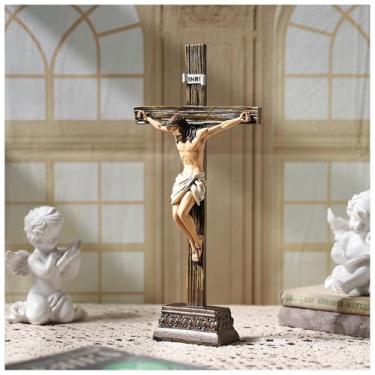 Imagem de Magicsculp Estátua de crucifixo de Jesus de 27,4 cm de altura - decoração de cruz de parede de resina, estatueta religiosa rezando Jesus Cristo, exibição católica, pendurada ou de mesa com suporte