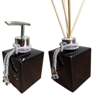 Imagem de Kit Lavabo Aromatizador Porta Sabonete Líquido Dispenser Organizador Banheiro Kit Difusor e Saboneteira Vidro 250ml (Preto e Prata)