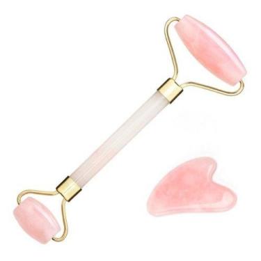 Imagem de Kit Rolo Massageador Facial Jade Quartzo Rosa + Guasha Rosa- Smart GR 