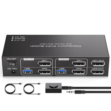 Imagem de TJCXELE Displayport KVM Switch 2 monitores 2 computadores 8K @60Hz/4K @120Hz USB 3.0 DP 1.4 KVM Switch para dois computadores compartilham monitores duplos e 4 dispositivos USB suportam modo estendido
