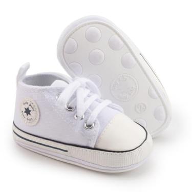 Imagem de KIDSUN Tênis unissex de cano alto para bebês meninos e meninas, sola antiderrapante macia para recém-nascidos, sapatos jeans de lona, A01-Sola de borracha branca, 12-18 Meses