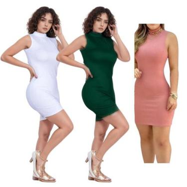 Imagem de KIT C/3 Vestidos Canelado Gola Alta - Emporio J, Branco, Militar, Rose