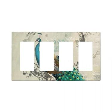 Imagem de Tampa de interruptor de luz decorativa vintage pavão 4-entradas tampa de interruptor de placa de parede decorativa quádruplo tampa de tomada de receptáculo, tamanho 4,5" x 7,95" polegadas
