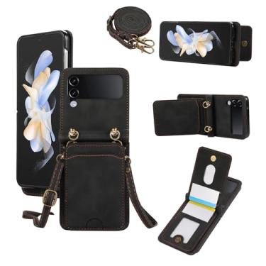 Imagem de Asuwish Capa de telefone para Samsung Galaxy Z Flip 4 5G 2022 capa carteira com alça de pulso de vidro temperado suporte de cartão acessórios celulares ZFlip4 Z4 Flip4 ZFlip 4Z mulheres homens preto