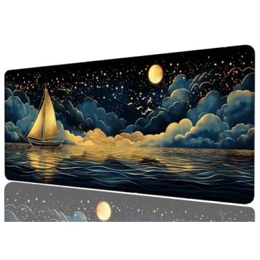 Imagem de Veleiro dourado grande mouse pad estrelas, céu noturno, nuvens, linha dourada, mousepad GG, grande, mouse pad para jogos, laptop, mesa, escritório, computador, teclado, laptop, casa, 31,5 x 11,8