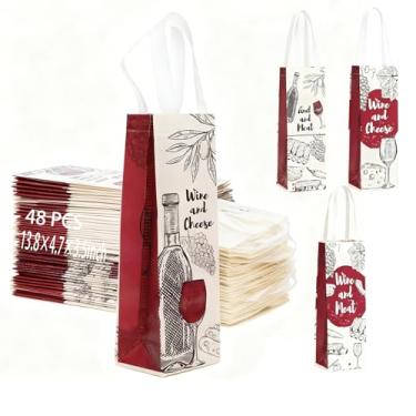 Imagem de Embalagem com 48 sacos de presente de vinho não tecidos impressos com alças - Sacos de presente reutilizáveis para vinho, champanhe, licor, bolsa de transporte para sacos de vinho