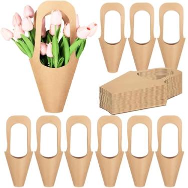 Imagem de 50 peças de sacos de flores de papel kraft marrom com alças resistentes, ideal para flores, plantas, presentes