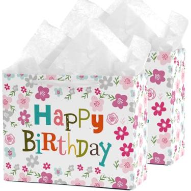 Imagem de Febbleshow Sacos de presente de aniversário florais rosa com papel de seda para mulheres e meninas - Design de letras coloridas com saco de presente de flores rosa - 33 x 26 x 12 cm (pacote com 2)