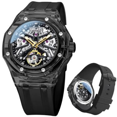 Imagem de OLEVS Relógio mecânico masculino automático, pulseira de silicone branco/preto, relógio de pulso esqueleto de luxo à prova d'água luminoso, G8002: pulseira preta e mostrador preto, Luxuoso