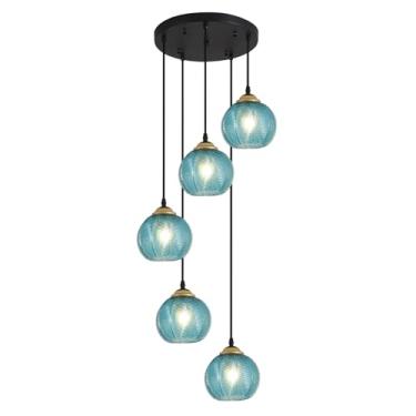 Imagem de Lustre moderno de vidro azul com cúpulas em formato de cluster, luminária pendente preta e dourada para cozinha, luminária pendente nórdica de vidro canelado, lustre grande e redondo.