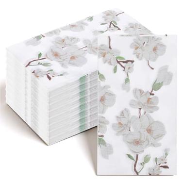 Imagem de 100 guardanapos florais de magnólia branca para convidados, 3 camadas, primavera, flor, jantar, guardanapo de mão, toalhas de mão descartáveis para banheiro, guardanapos de papel decorativos para