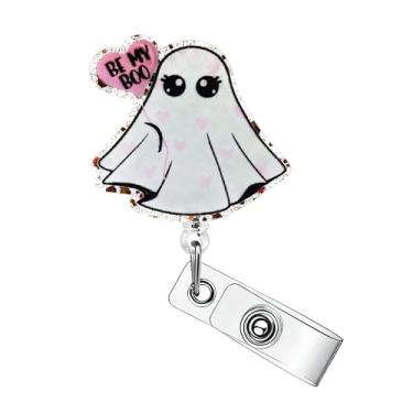 Imagem de Carretel de crachá de fantasma de coração rosa fofo dos namorados carretéis retráteis para crachá de dia dos namorados clipe de crachá de identificação acrílico com clipe retrátil suporte de