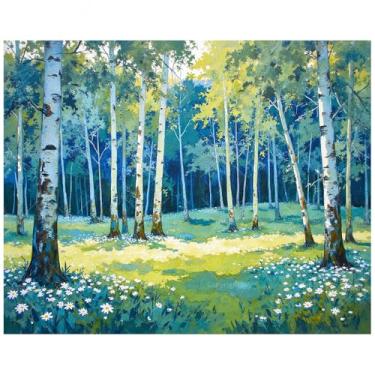 Imagem de Kit de pintura natural por números para adultos – DIY pintura de florestas de bétula com flores silvestres em tela 40,6 x 50,8 cm, conjunto de tinta acrílica, adequado para iniciantes, arte relaxante