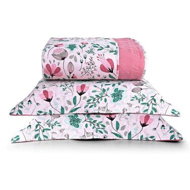 Imagem de Kit Cobre Leito Colcha Casa Scarpa Celi Queen Dupla Face Micropercal 200 Fios 3 Peças Bothanica Floral Rosa