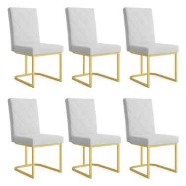 Imagem de Kit 06 Cadeiras De Jantar Estofada Siena Linho Cinza Base De Ferro Dourada - Pallazio