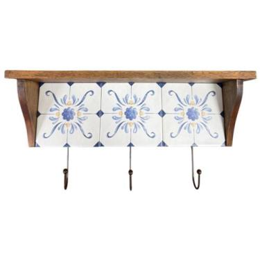 Imagem de Prateleira Madeira 3 Azulejos Flor Azul c/Ganchos 55x25x14cm - Importa
