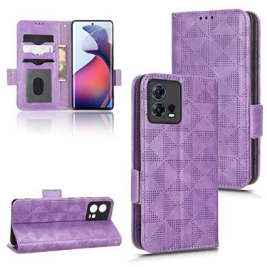 Imagem de Capas de telefone de negócios de luxo compatíveis com Motorola Moto S30 Pro 5G capa de couro triângulo simétrico slots para cartão clipe de carteira capa de telefone à prova de choque (roxo, Moto S30 Pro 5G)