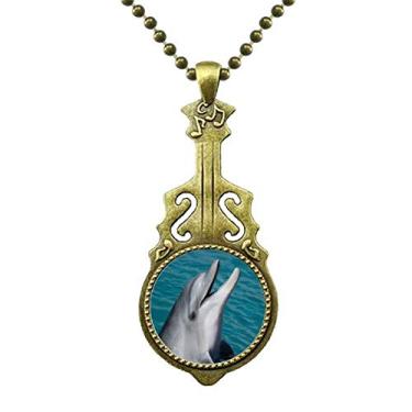 Imagem de Colar com imagem da natureza de golfinhos de água do oceano, joia antiga com pingente de música
