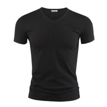 Imagem de Camiseta masculina cor pura gola V e O manga curta camisetas masculinas fitness para roupas masculinas 1, Decote em V na cor preta, 5G