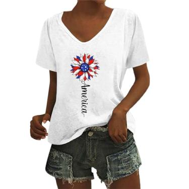 Imagem de Camiseta feminina com estampa de girassol Dia da Independência 4 de julho blusas gola V túnica ajuste solto camiseta verão, Branco, XXG