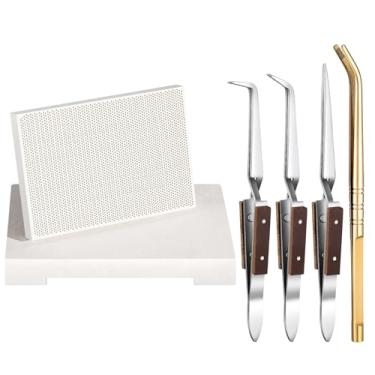 Imagem de Gisafai O kit de solda de joias com 6 peças inclui 2 placas de solda de cerâmica de colmeia de bloco de solda, 1 pinça de cobre, 3 pinças reversas para joalheiros que fazem ferramentas de fundição de