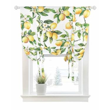 Imagem de Cortinas de amarrar para janelas, verão, flor de limão, bolso para varão, amarrar, persiana, balão, ajustável, saia, clássica, planta campestre para quarto, cozinha, banheiro, persianas, 86 x 114 cm