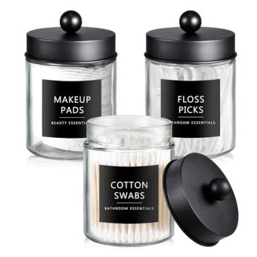 Imagem de SheeChung Dispensador de suporte Qtip para organizador de banheiro e decoração de fazenda - Pote de boticário de vidro elegante com tampa e adesivos de aço inoxidável, recipiente de armazenamento de