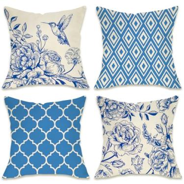 Imagem de Fahrendom Chinoiserie Peônia Flor beija-flor decorativa 45,7 x 45,7 cm Conjunto de 4, fronha geométrica de porcelana azul e branca para varanda externa, capa de almofada de sofá vintage decoração de