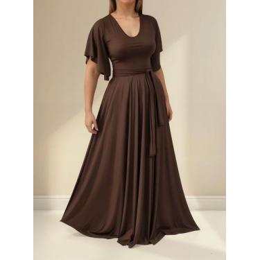 Imagem de Vestido Longo Feminino Elegante Com Manga Flare - Casual Dress, Marrom