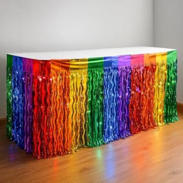 Imagem de KatchOn, Saia de mesa arco-íris – Pacote com 2, cortina de franjas arco-íris para mesa | Cortina com franjas multicoloridas para decoração havaiana, verão, luau, carnaval, festa de aniversário |