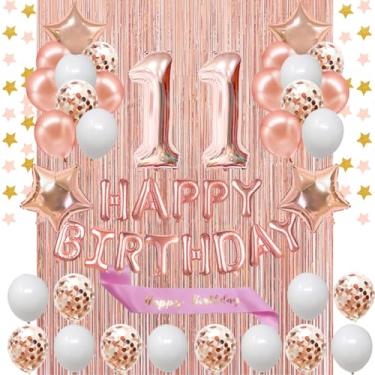 Imagem de Fancypartyshop Decorações de aniversário de 11 anos – Faixa e faixa de aniversário feliz em ouro rosa com balões de látex número 11, ideal para meninas e mulheres, 11 anos, aniversário, ouro rosa