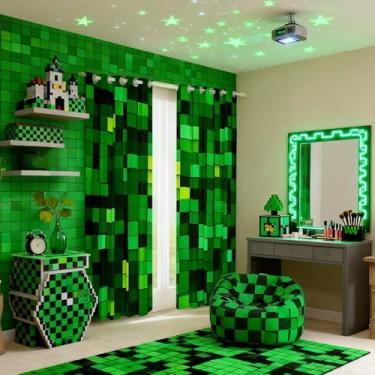 Imagem de Cortinas blecaute Pixelated Blocks Miners, gamepad de videogame, decoração de quarto de meninos e meninas, cortinas de janela de patchwork geométrico, verde, 2 painéis, 96 cm L x 114 cm C