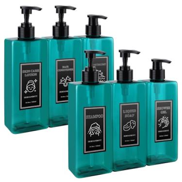 Imagem de DEROANBOTT Conjunto de dispensador de gel de banho, frascos de xampu de plástico reutilizáveis com etiquetas à prova d'água, 500 ml, pacote com 6 (azul)