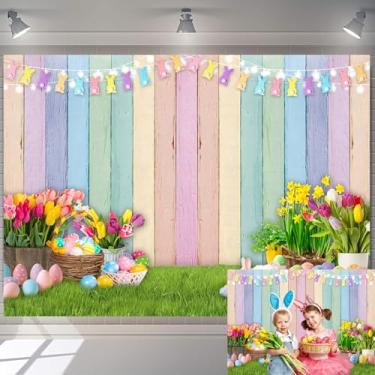 Imagem de Pano de fundo de madeira colorido de Páscoa, flores de primavera, gramado verde, cenário natural, decoração de festa de Páscoa, para crianças, aniversário, chá de bebê, adereços de estúdio fotográfico