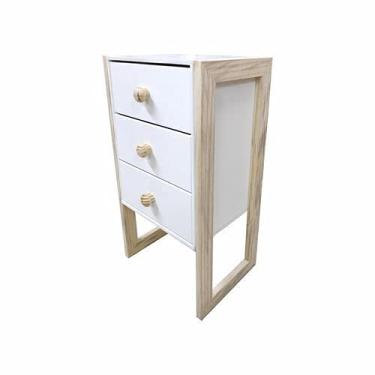 Imagem de Mesa de cabeceira Mdf Branco 3 Gavetas Pé e Puxadores de Madeira 4178