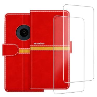 Imagem de ESACMOT Capa de telefone compatível com Nokia 110 4G 2023 + [2 unidades] película protetora de tela de vidro, capa protetora magnética de couro premium para Nokia 110 4G 2023 (4.6 cm) vermelha
