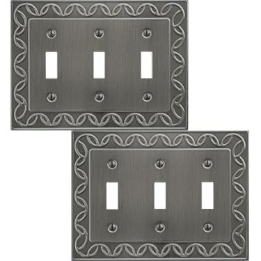 Imagem de OKAWYC Tampa de interruptor de luz tripla NovaBloom placa de parede de metal, pacote com 2 unidades de estanho acetinado escovado níquel antigo, 3 gangues, capa decorativa para interruptor de luz,