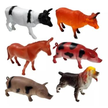 Imagem de Kit Com 6 Animais da Fazenda de Borracha em Miniatura 15cm | Brinquedo Educativo Colorido e Seguro Ideal Para Despertar a Criatividade