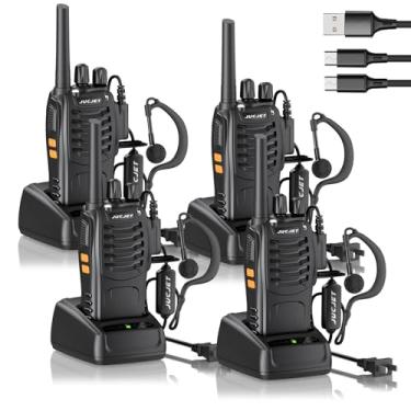 Imagem de JUCJET H888S (pacote com 4) Walkie Talkies Rádio bidirecional portátil com fones de ouvido originais, rádios bidirecionais UHF Transceptor portátil Walky Talky, com cabo de carregamento tipo C 2 em 1