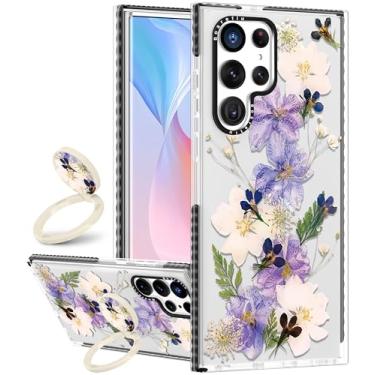 Imagem de Boaretiu Capa fofa Kawaii para Samsung Galaxy S24Ultra com suporte - Design de suporte de anel giratório adesivo de 360° para mulheres meninas e meninas para Samsung Galaxy S24Ultra, flor roxa