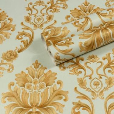 Imagem de Papel de parede clássico padrão floral não tecido PVC impermeável engrossado papel de parede não autoadesivo para uso doméstico na sala de estar, quarto e estudo, dourado